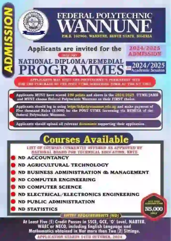 Federal Polytechnic Wannune ND Form 2024/2025