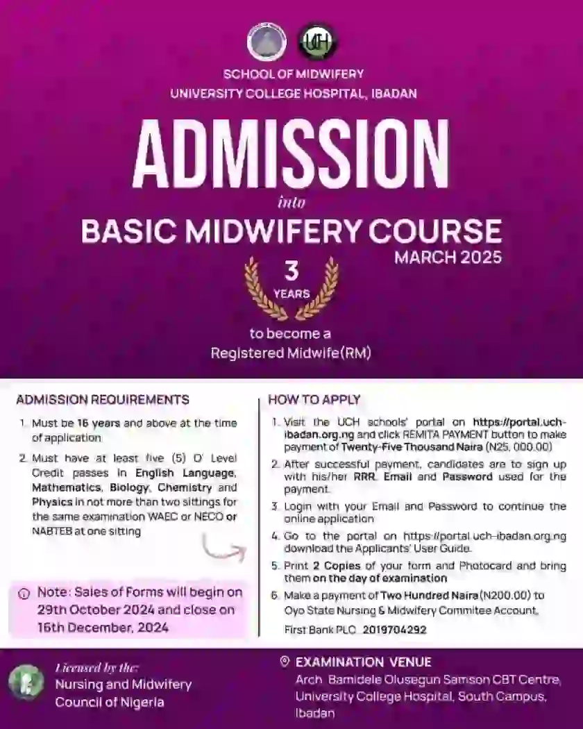 UCH Ibadan School of Midwifery Admission 2024/2025